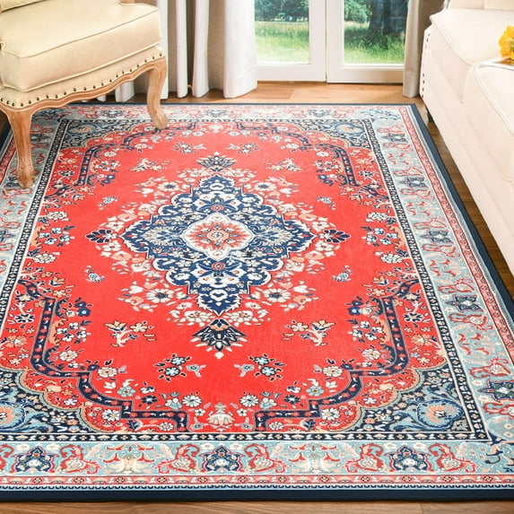 TWINNIS Area Rug Flowers Boho Design Rug for Living Room,Bedroom,6'x9',Red Blue