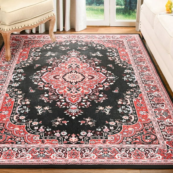 TWINNIS Area Rug Flowers Boho Design Rug for Living Room,Bedroom,6'x9',Red
