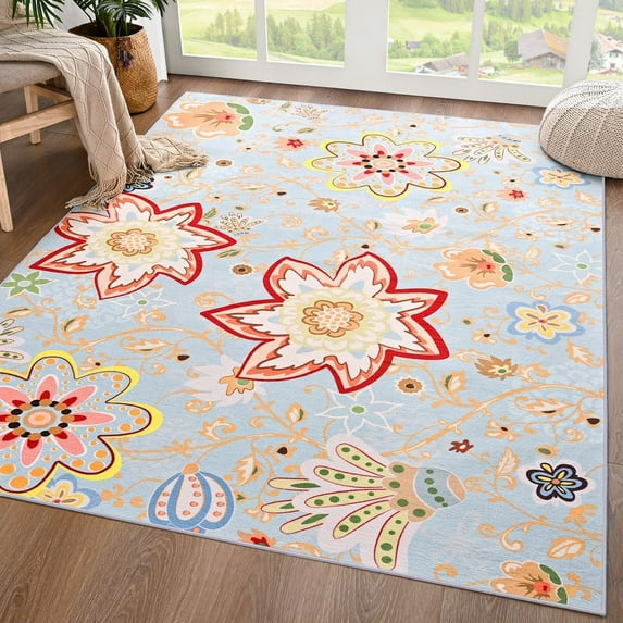 TWINNIS Area Rug for Living Room Boho Rug Non-Slip Vintage Rug Floral Carpet for Bedroom,4'x6'Blue