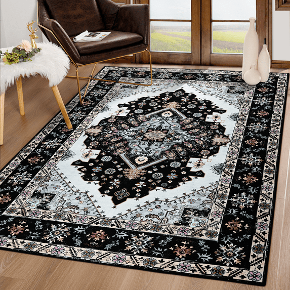 TWINNIS Area Rug for Living Room Persian Rug Vintage Boho Carpet for Bedroom,Black,5'x8'