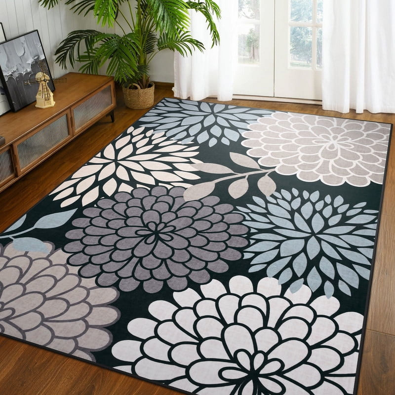TWINNIS Area Rugs Floral Boho Rug Floor Carpet for Living Room Bedroom,4'x6',Black