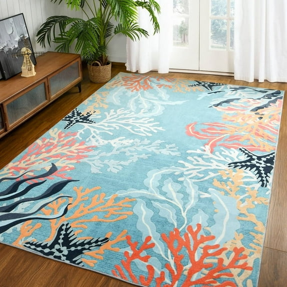 TWINNIS Area Rugs Floral Boho Rug Floor Carpet for Living Room Bedroom,5'x8',Blue