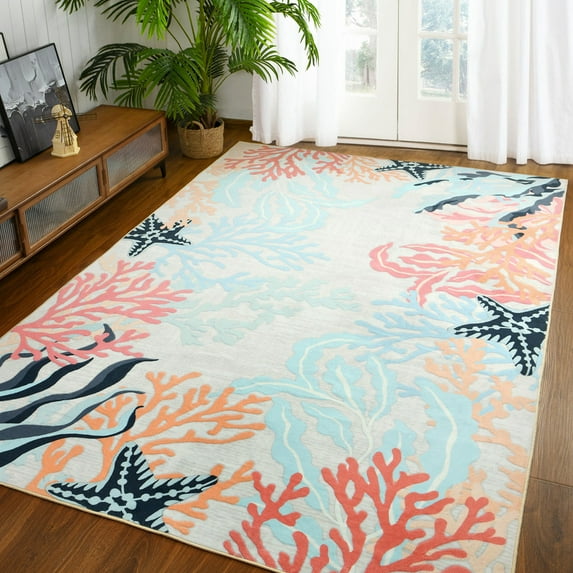 TWINNIS Area Rugs Floral Boho Rug Floor Carpet for Living Room Bedroom,5'x8',Cream White