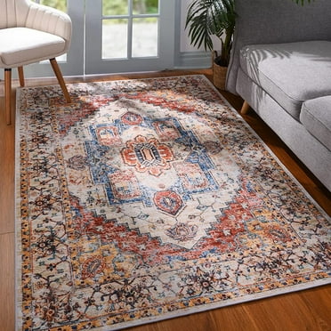 TWINNIS Boho Area Rug Vintage Tribal Carpet Anti-Slip Rug Washable Persian Carpet for Living Room Bedroom,Orange,4'x6'