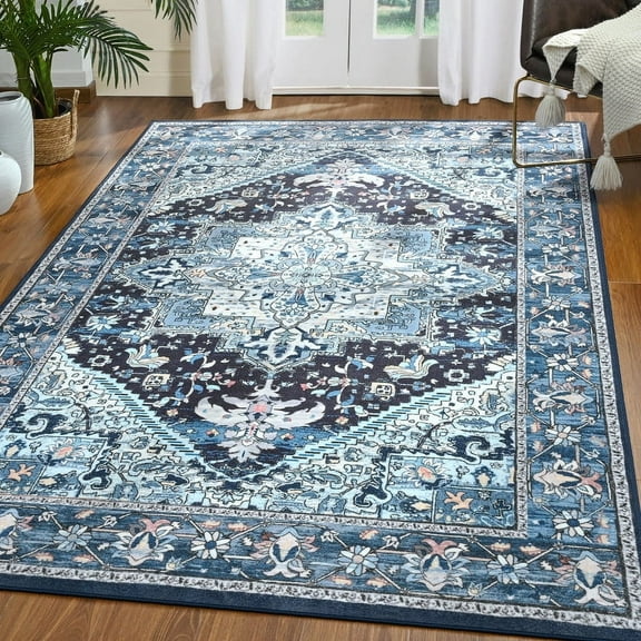 TWINNIS Boho Area Rug Soft Indoor Living Room Carpet,Blue Bohemian Rug for Bedroom,8'x10'Non-Slip Washable Decorative Rug