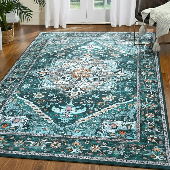 TWINNIS Boho Area Rug Soft Indoor Living Room Carpet,Green Bohemian Rug for Bedroom,4'x6'Non-Slip Washable Decorative Rug
