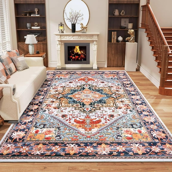 TWINNIS Boho Area Rug Soft Indoor Living Room Carpet,Orange Bohemian Rug for Bedroom,8'x10'Non-Slip Washable Decorative Rug