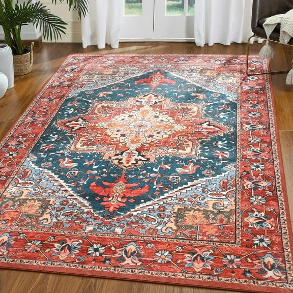 TWINNIS Boho Area Rug Soft Indoor Living Room Carpet,Red Bohemian Rug for Bedroom,5'x8'Non-Slip Washable Decorative Rug