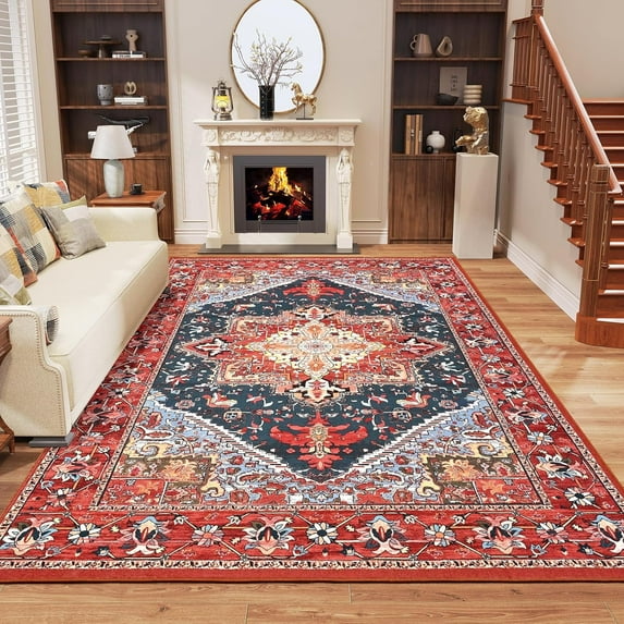 TWINNIS Boho Area Rug Soft Indoor Living Room Carpet,Red Bohemian Rug for Bedroom,6'x9'Non-Slip Washable Decorative Rug