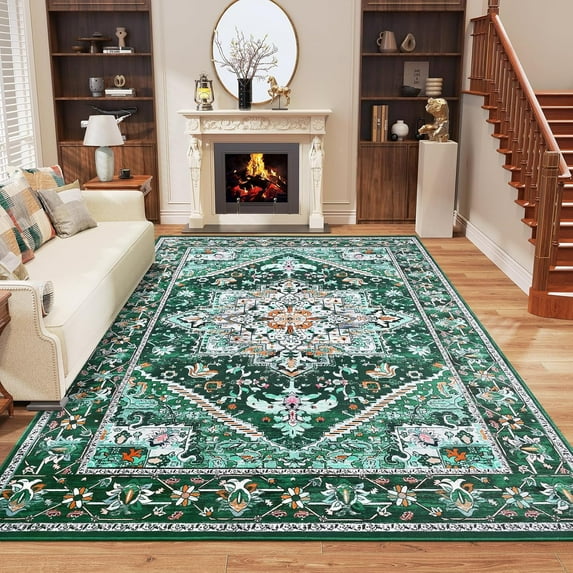 TWINNIS Boho Area Rug Soft Indoor Living Room Carpet,Green Bohemian Rug for Bedroom,10'x14'Non-Slip Washable Decorative Rug