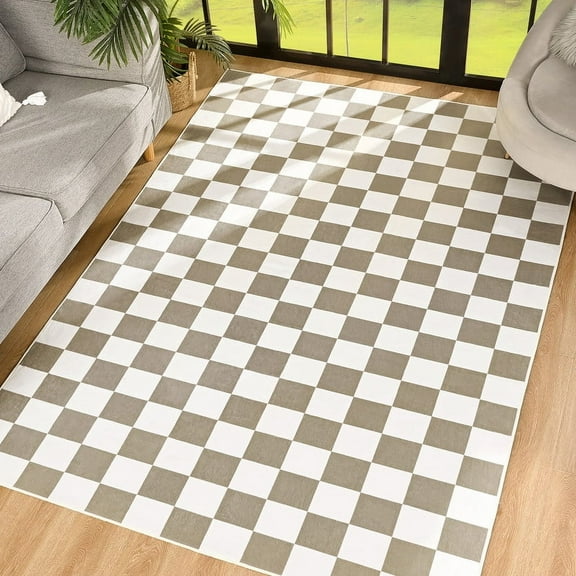 TWINNIS Checkered Area Rug Bedroom Washable Rugs Floor Carpet for Living Room,4'x6',Tan/White