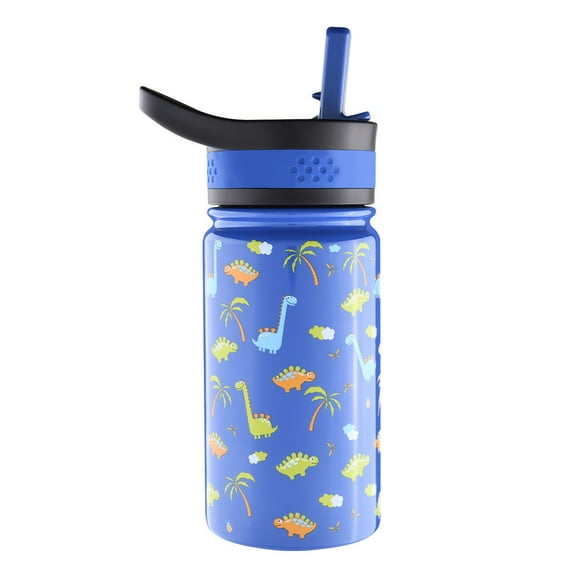 TWINNIS Insulated Kids Water Bottle 14oz Vacuum Stainless Steel Leakproof Thermos Water Bottle with 2 Straw Lids, Dinosaur Pattern