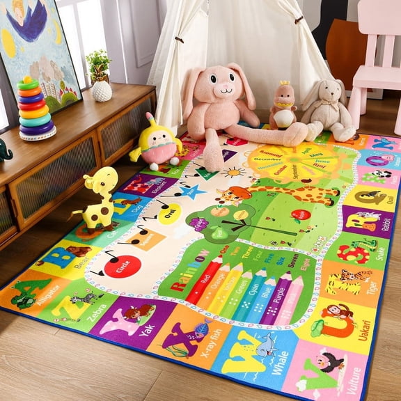 TWINNIS Kids Play Rug Animal Carpet ABC Educational Rug Mat Kids Area Rug for Playroom,Bedroom,Nursery Room,3'X5',Green&Yellow