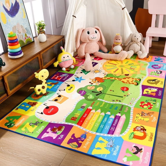 TWINNIS Kids Play Rug Animal Carpet ABC Educational Rug Mat Kids Area Rug for Playroom,Bedroom,Nursery Room,4'X6',Green&Yellow