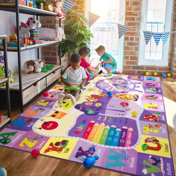 TWINNIS Kids Play Rug Animal Carpet ABC Educational Rug Mat Kids Area Rug for Playroom,Bedroom,Nursery Room,5'X7',Purple