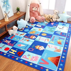 TWINNIS Kids Play Rug Blue Printed Machine WashableArea Rugs, 3' x 5', Non-Slip Backing