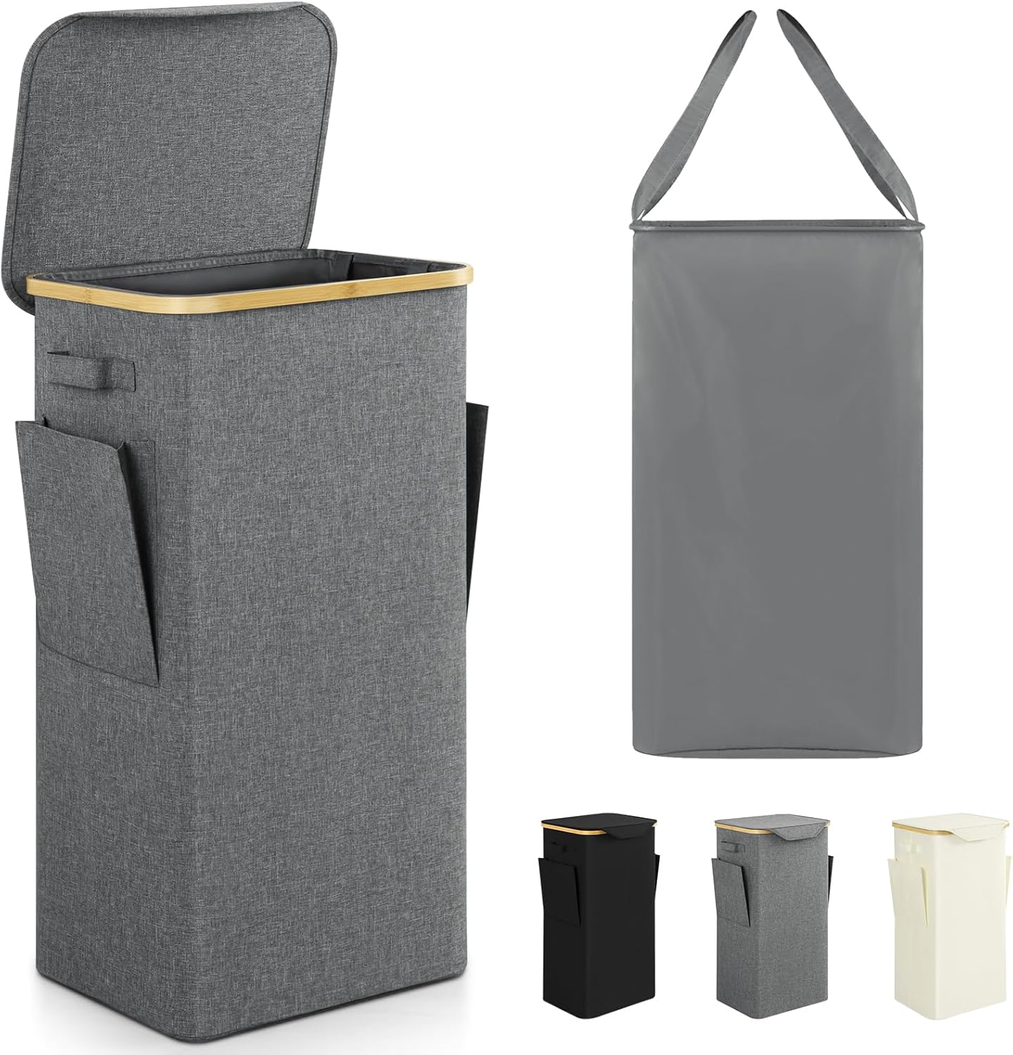 CHERISHGARD 100L Folding Laundry Hamper with Lid, Bamboo Handles ...