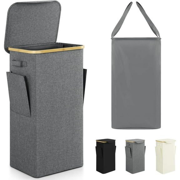 TWINNIS Laundry Hamper with Lid, 100L Large Tall Clothes Basket Bin with Handles, Collapsible Laundry Hamper for Bedroom, Bathroom, Dorm, Laundry Room ,Gray