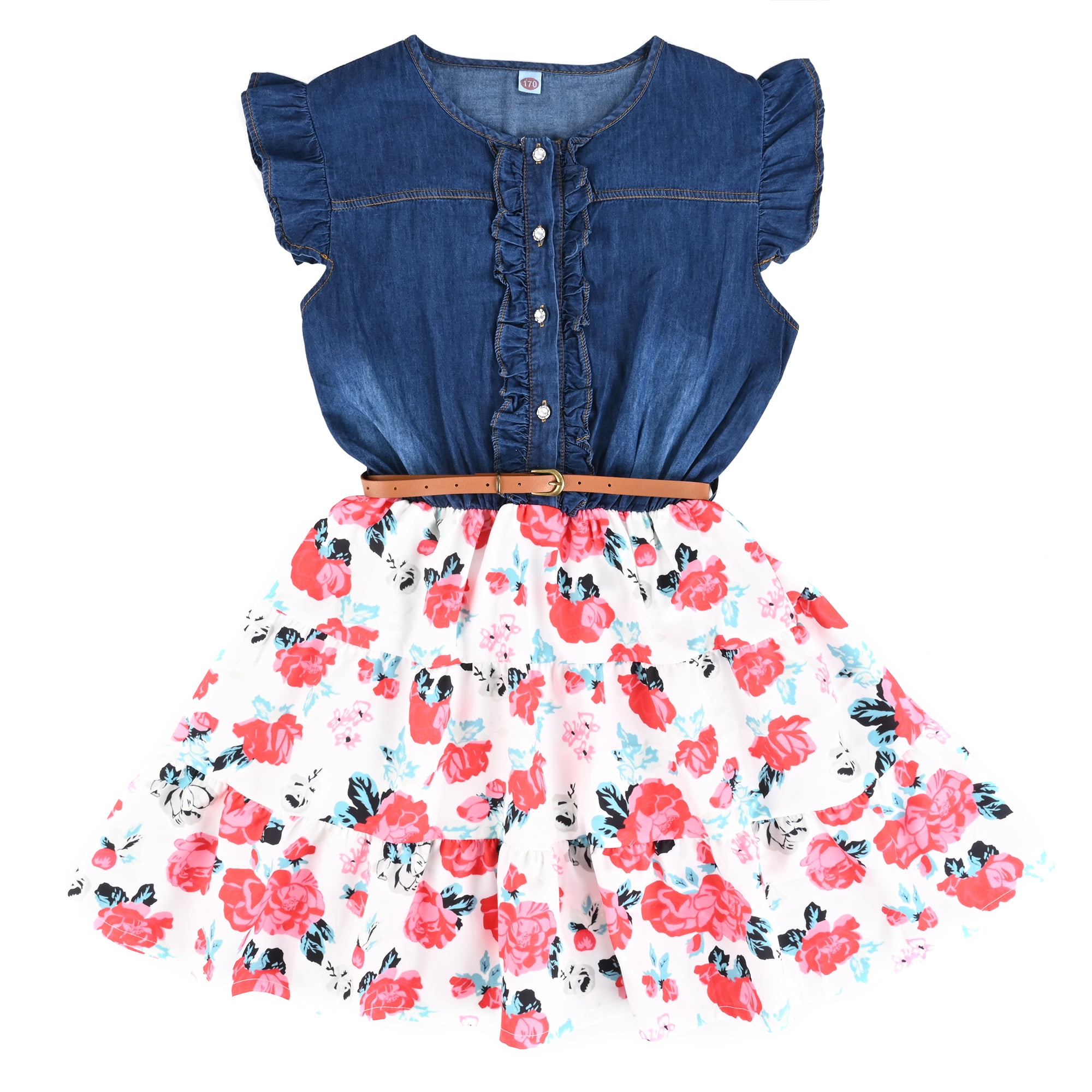 TWINNIS Little Girls Dresses Denim Rose Floral Swing Dress with Belt Girls Fashion Clothes for 2-10 Years,Pink