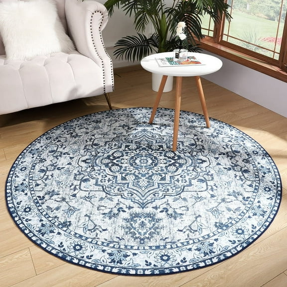 TWINNIS Round Boho Rug for Living Room Persian Rug Vintage Round Area Carpet for Bedroom,Blue,5'x5'