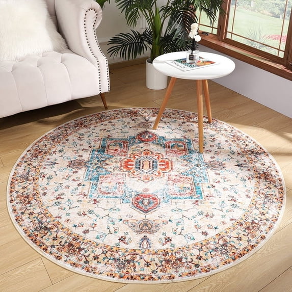 TWINNIS Round Boho Rug for Living Room Persian Rug Vintage Round Area Carpet for Bedroom,Orange,5'x5'
