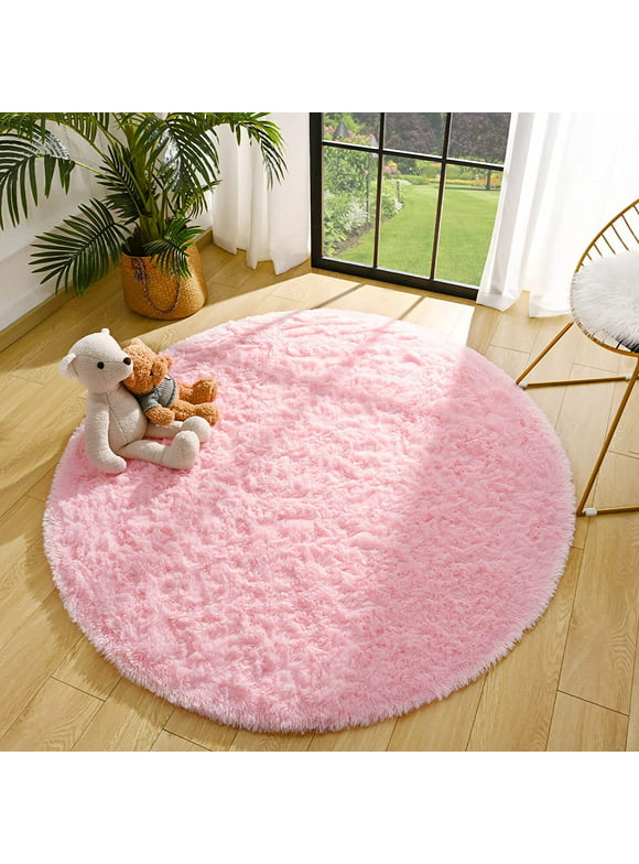 TWINNIS Round Rug Soft Fluffy Circle Rugs Shaggy Area Carpets for Bedroom, Baby Room,Nursery Room,4'x4',Pink