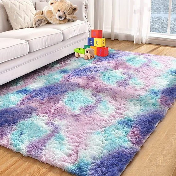 TWINNIS Shaggy Rainbow Area Rugs For KLids, Colorful Fluffy Carpet For Living Room Bedroom Nursery Room, 5'x8',Blue/Purple