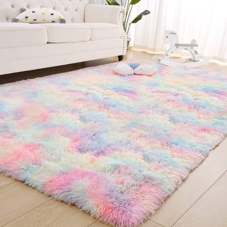 TWINNIS Shaggy Rainbow Area Rugs for Kids, Colorful Fluffy Carpet For Living Room Bedroom Nursery Room, 6'x9',Rainbow