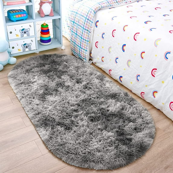 TWINNIS Super Fluffy Oval Area Rugs,Tie Dye Oval Rug Soft Shaggy Oval Carpets for Bedroom Living Room Nursery Room,2.6'x5.3',Tie-dye Gray