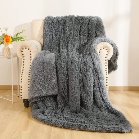 TWINNIS Super Soft Shaggy Long Faux Blanket, Washable Warm Throw Blanket for Couch Sofa Chair,60"x80",Dark Gray