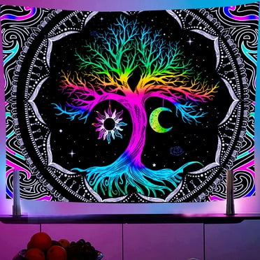 TWINNIS Tree of Life Tapestry Hippie Wall Tapestry Mandala Black Light Tapestries for Livingroom Bedroom,32"x29"