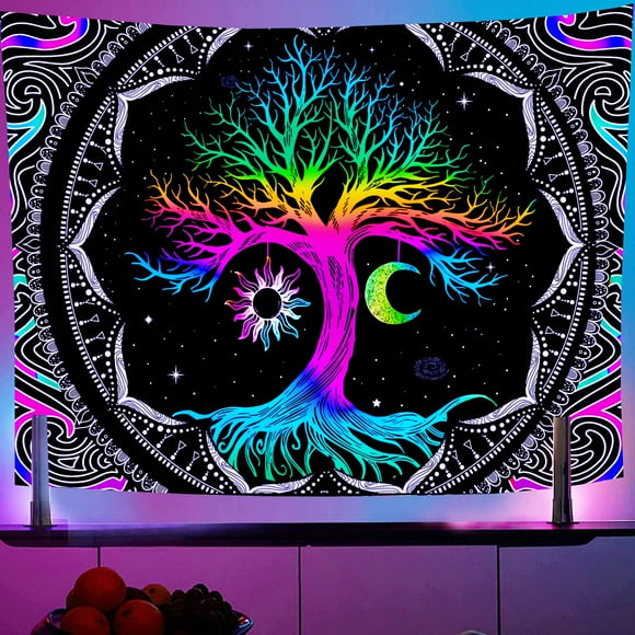 TWINNIS Tree of Life Tapestry Hippie Wall Tapestry Mandala Black Light Tapestries for Livingroom Bedroom,32"x29"