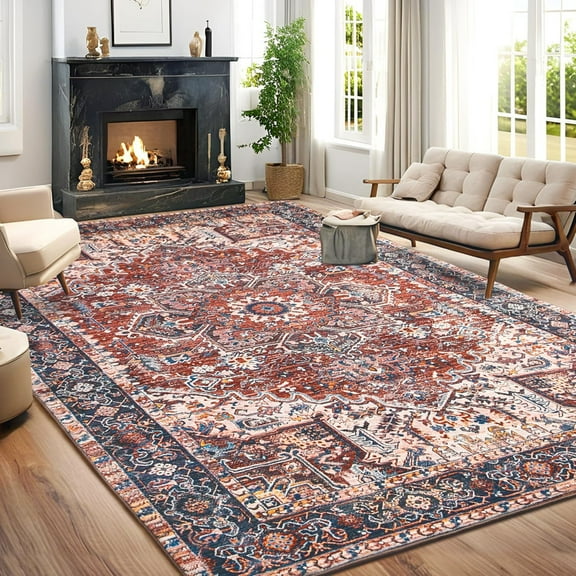 TWINNIS Vintage Rugs Area Rugs Non-Slip Rugs for Living Room,4'x6',Brick Red