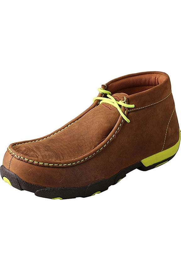 Adult Male Driving Moccasins, Color: Distressed Saddle/Neon Yellow, Size: 14, Width: W