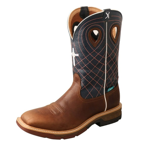 TWISTED X Male 12in Alloy Toe CellStretch Mocha/Navy Work Western Boots, Size: 10, Width: D