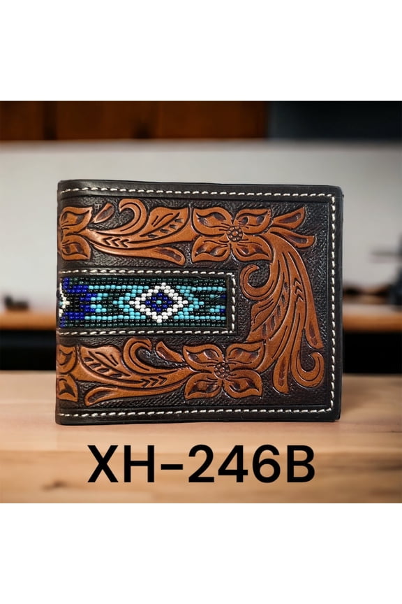 Men's Blue Beaded Bifold Hand Painted/Hand Carved Leather Wallet