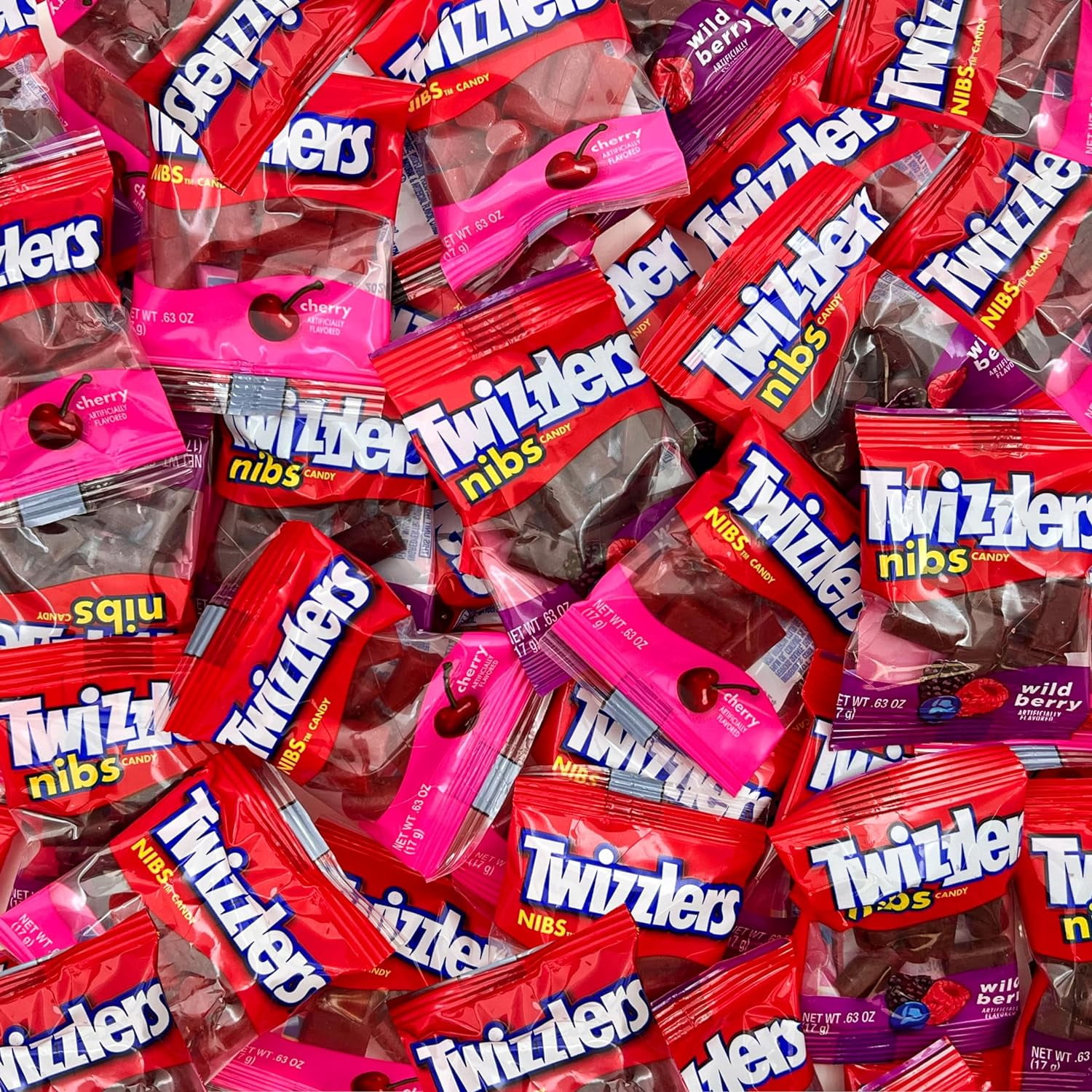 TWIZZLERS NIBS Cherry Licorice Candy, Individual Fun Size Snack Pouch 0.63Ounces (Pack of 50