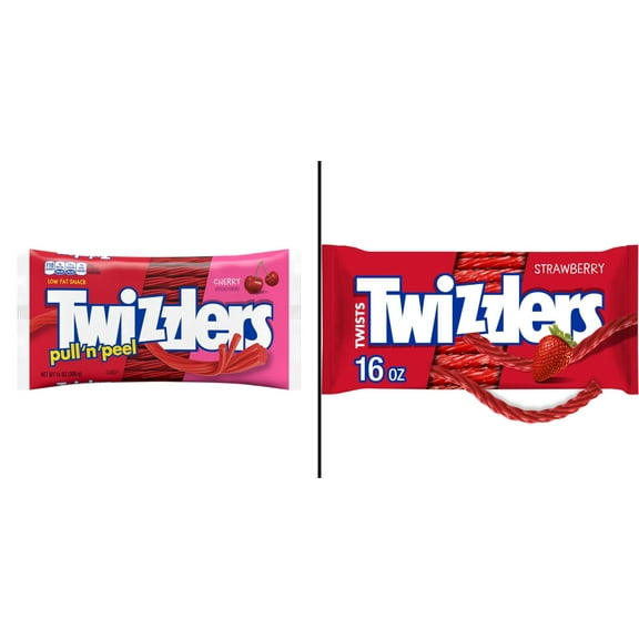 TWIZZLERS Strawberry Flavored Licorice Twists 16 oz & Pull 'N' Peel Cherry Flavored Licorice 14 oz
