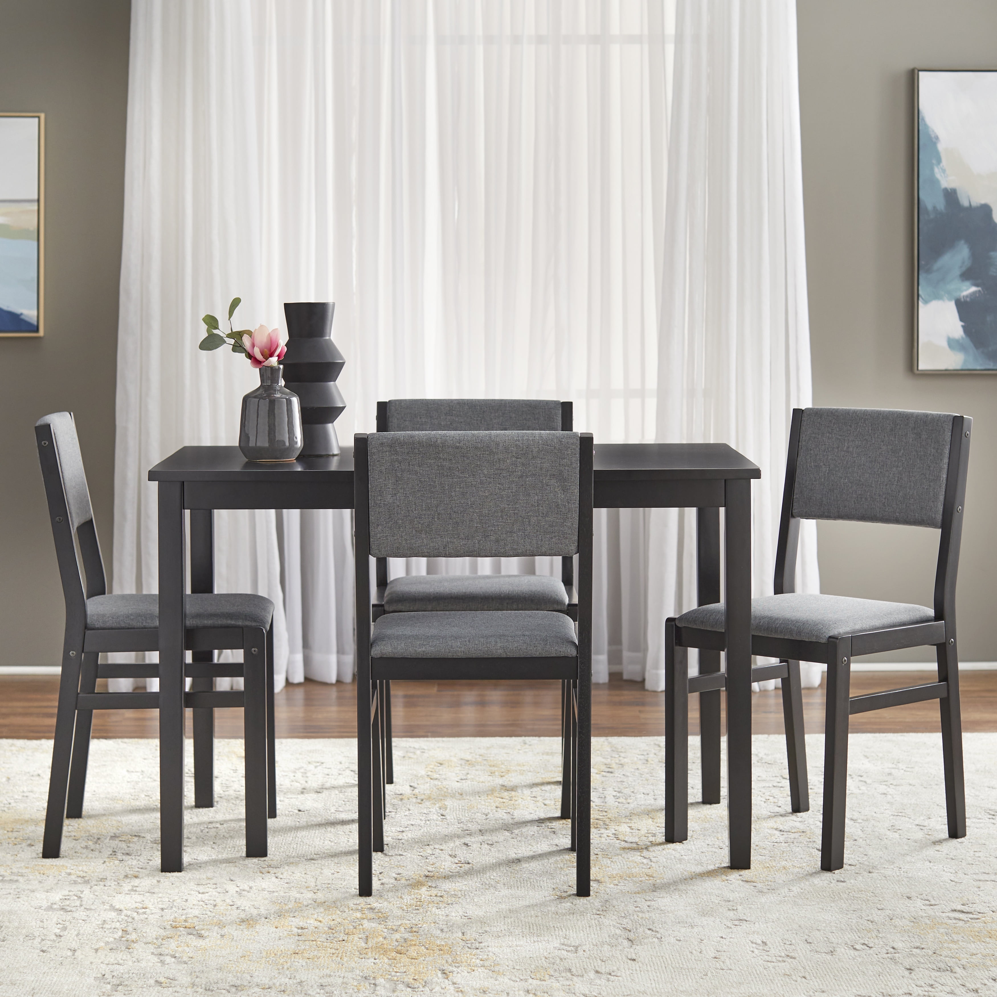 TWM National 5 Piece, Adult Mid-Century High Back Rubberwood Dining Table with Chair, Black