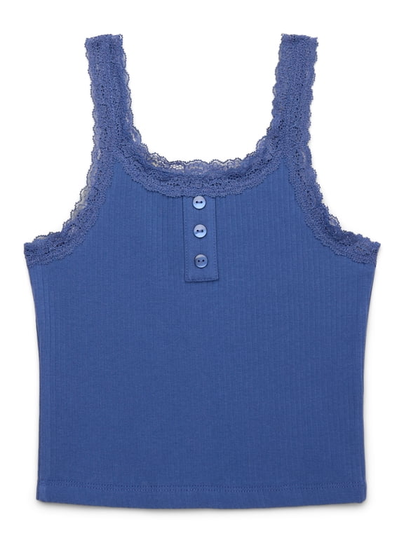 Tween Girls Henley Tank Top with Lace Trim, Sizes 4-18