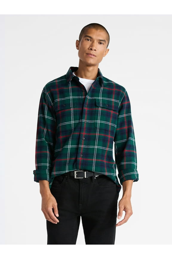 Men's Two Pocket Cotton Flannel Shirt with Long Sleeves, Sizes XS-3XL