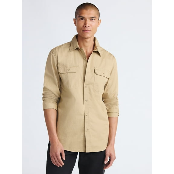 Free Assembly Men's Cotton Utility Shirt with Two Pockets, Sizes S-3XL