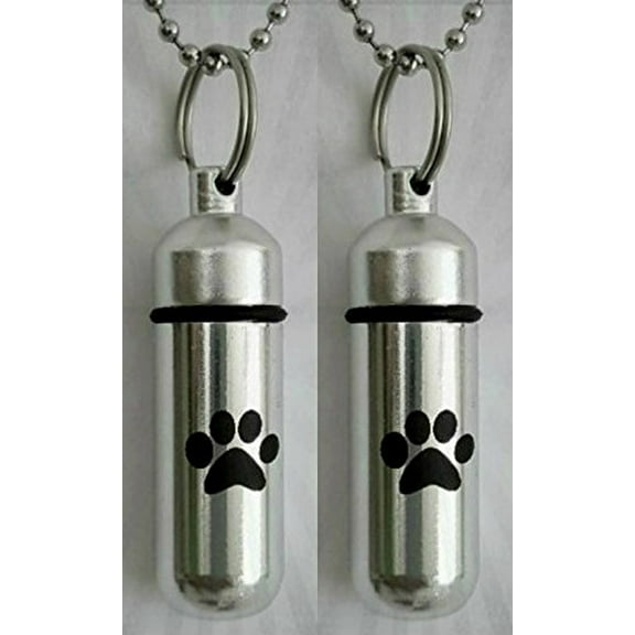 TWO Pet/Dog/Cat - Laser Engraved CREMATION URN Keepsakes with Simple Black PAW - Includes Velvet Pouches, Ball-Chain & Fill Kit