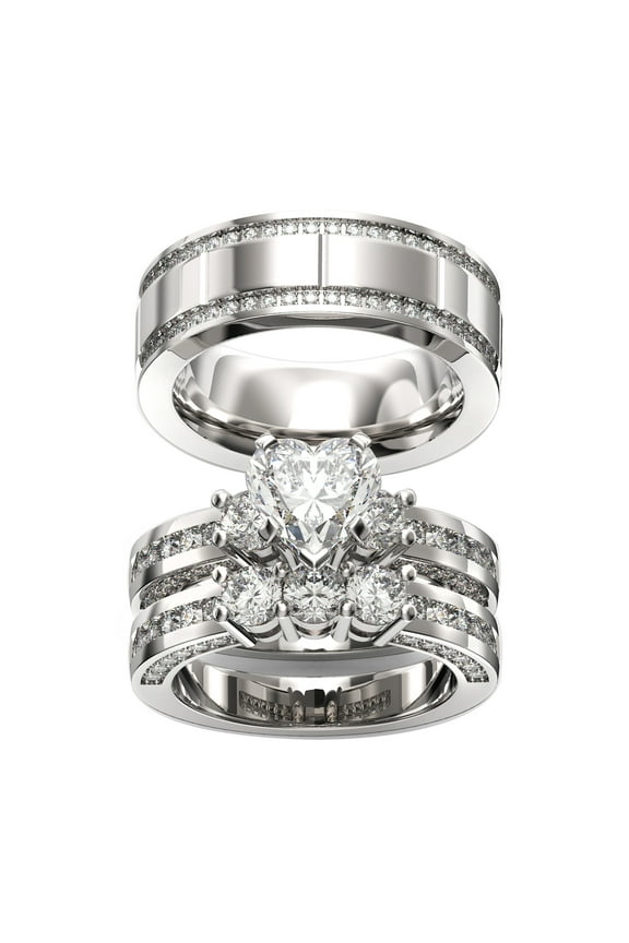 TWO RINGS Wedding Ring Sets His And Hers Promise Ring Couples Bridal Sets Women 925 Sterling Silver Heart Cut Moissanite Man Titanium Brushed Finished Wedding Band