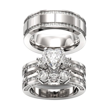 Sterling Silver Moissanite Wedding Ring Sets, Men's Tungsten Band, His Sterling Silver Moissanite Wedding Ring Sets, Men's Tungsten Band, His