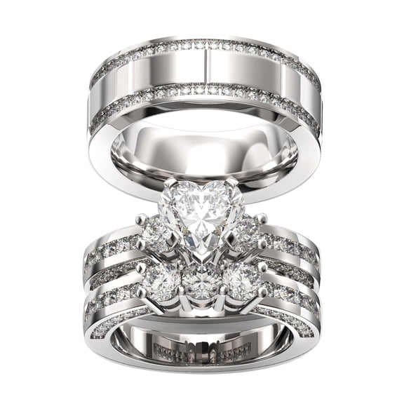 TWO RINGS Wedding Ring Sets His And Hers Promise Ring Couples Bridal Sets Women 925 Sterling Silver Heart Cut Moissanite Man Titanium Brushed Finished Wedding Band