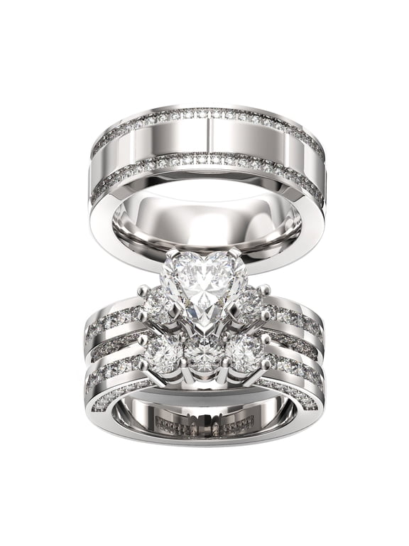 TWO RINGS Wedding Ring Sets His And Hers Promise Ring Couples Bridal Sets Women 925 Sterling Silver Heart Cut Moissanite Man Titanium Brushed Finished Wedding Band