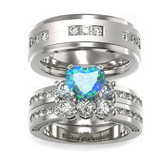 TWO RINGS Wedding Ring Sets His And Hers Promise Ring Couples Bridal Sets Women 925 Sterling Silver Heart Cut Red Moissanite Man Titanium Brushed Finished Wedding Band