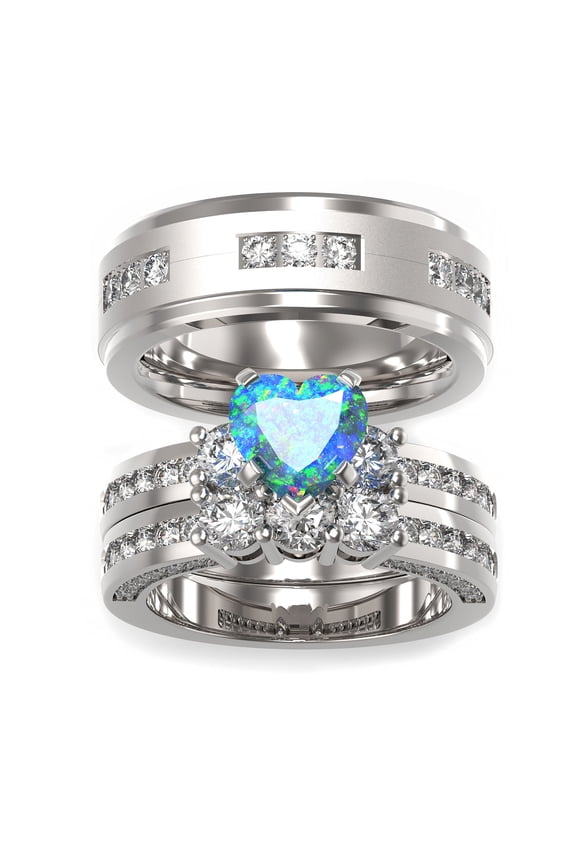 TWO RINGS Wedding Ring Sets His And Hers Promise Ring Couples Bridal Sets Women 925 Sterling Silver Heart Cut Red Moissanite Man Titanium Brushed Finished Wedding Band