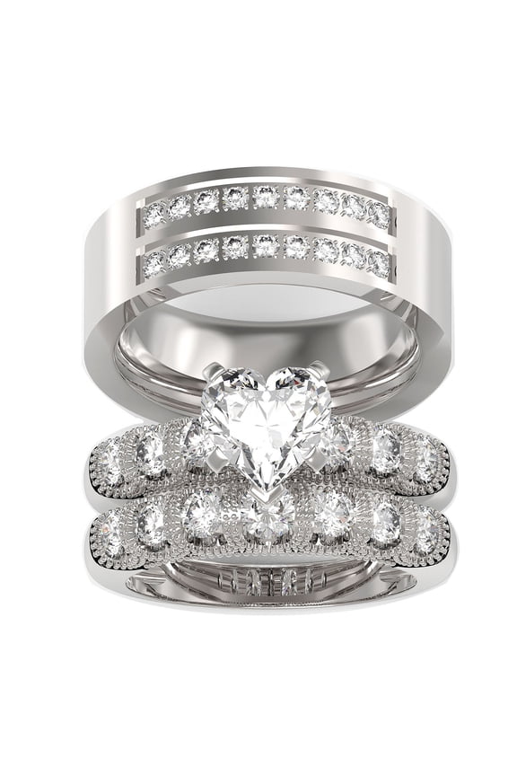 TWO RINGS Wedding Ring Sets His And Hers Promise Ring Couples Bridal Sets Women 925 Sterling Silver Heart Cut Red Moissanite Man Titanium Brushed Finished Wedding Band